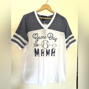 Sable Sky Game Day Mama‎ T-Shirt - White and Gray V- Neck XL Gift for Mom